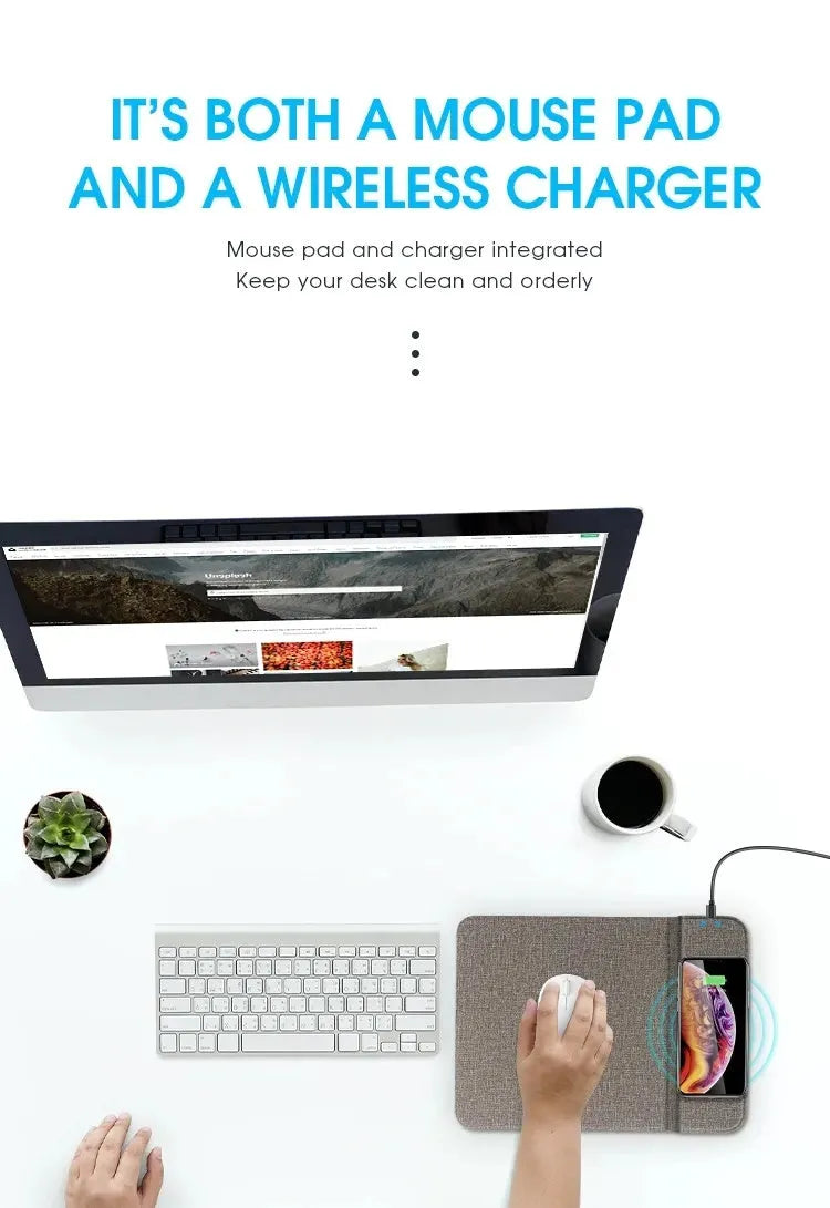 Gray foldable fabric phone holder with integrated 10W wireless charging pad on a desk.