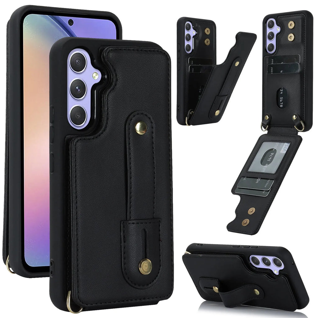Samsung A54 5G leather phone case with matching lanyard in black, brown, purple, rose gold, wine red colours