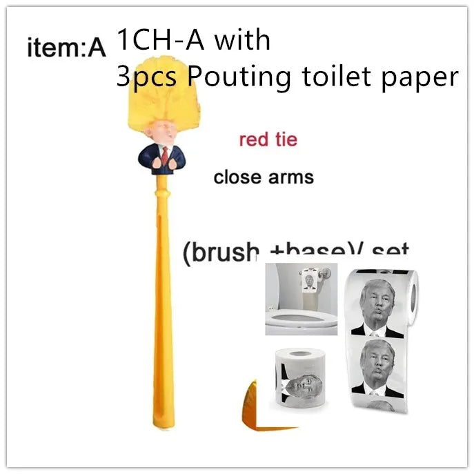 Yellow plastic Donald Trump novelty toilet brush with hanging slot, 40cm length