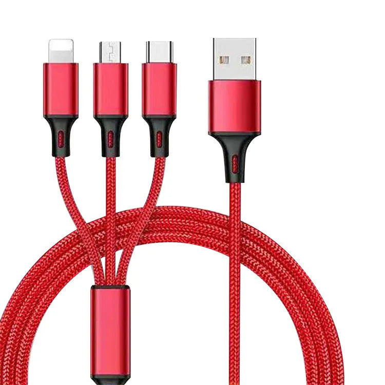 Three-in-one 1.2 metre charging cable with nylon braiding in multiple colour options