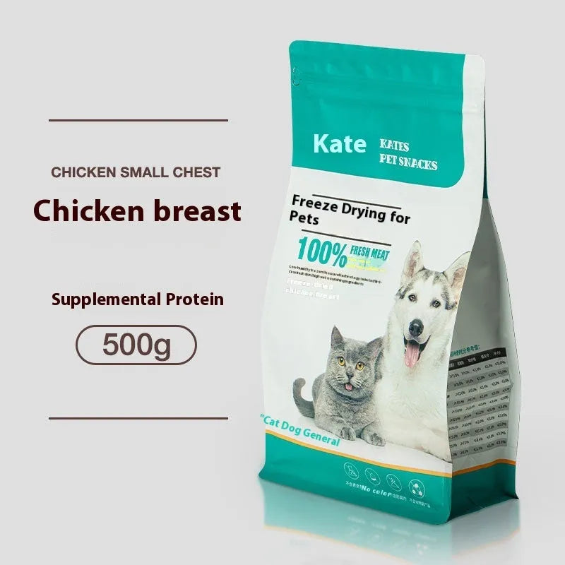 Freeze-dried chicken cat snacks in 500g pack showing nuggets in bagged or barrel packaging options