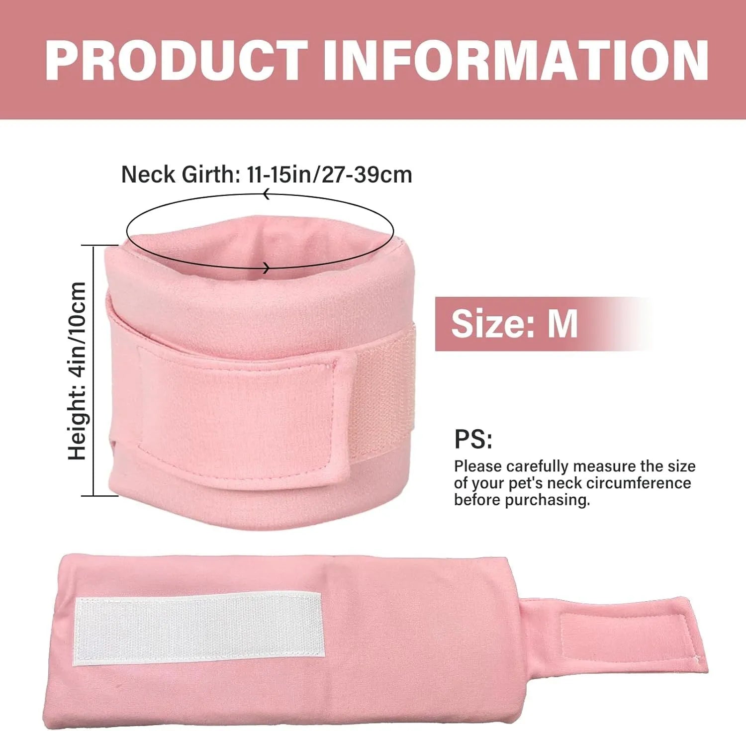 Soft grey recovery cone collar for cats and dogs with size measurement chart