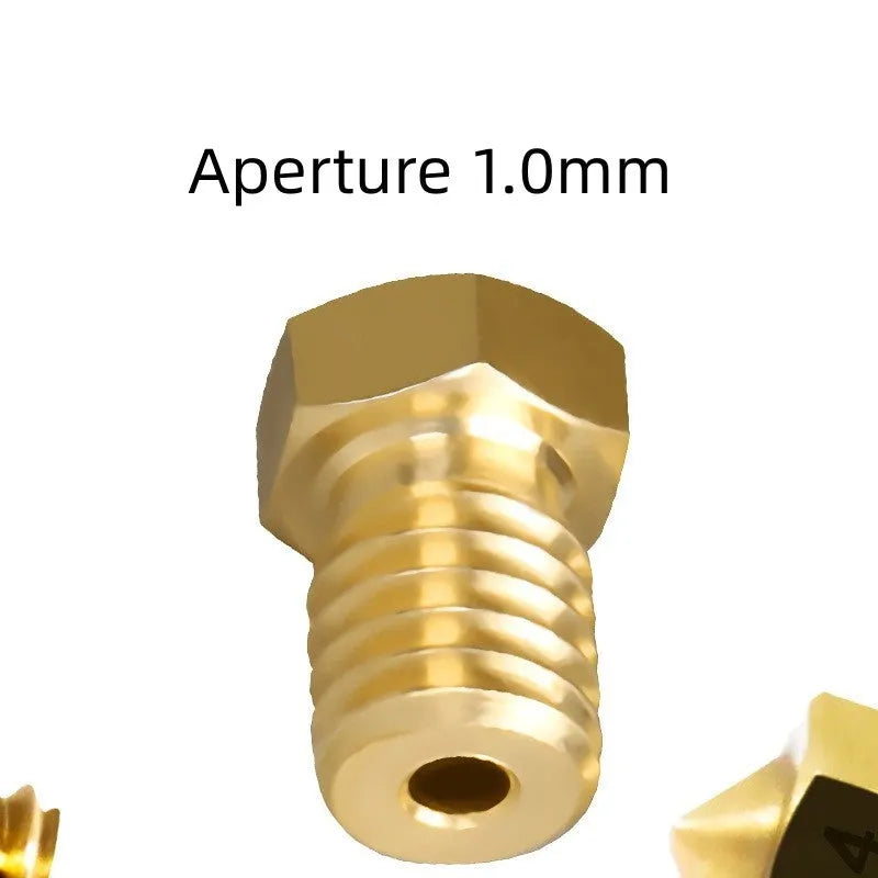 Brass 3D printer nozzle with M6 thread, showing multiple aperture size options.