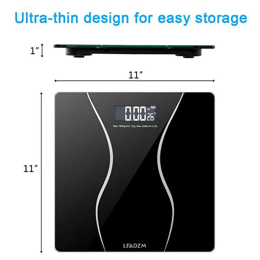Black electronic digital bathroom scale with a 180kg capacity on a tiled floor.