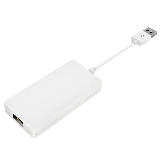 Black Wireless CarPlay USB dongle adapter for connecting iPhone to car navigation screen.
