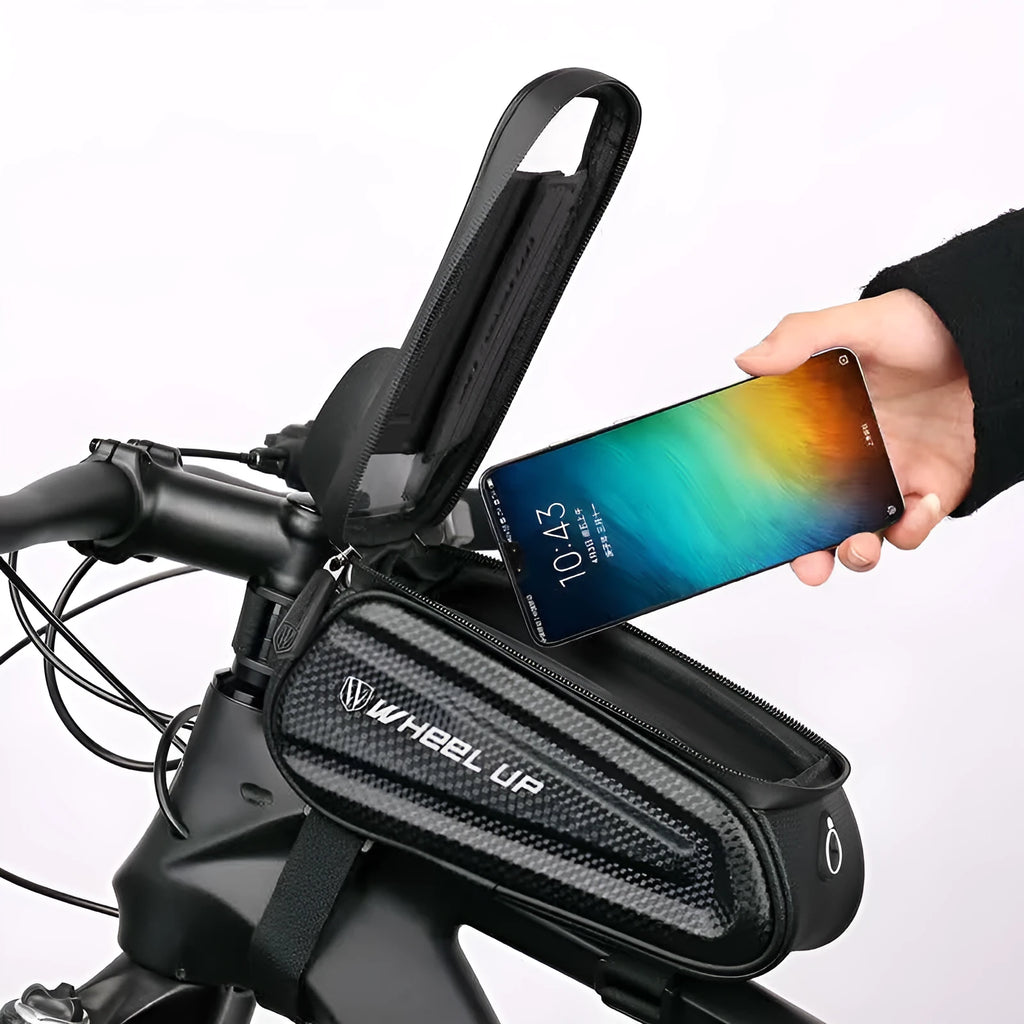 Black and grey mountain bike frame bag with reflective strips mounted on bicycle, showing touch-screen phone panel and adjustable straps