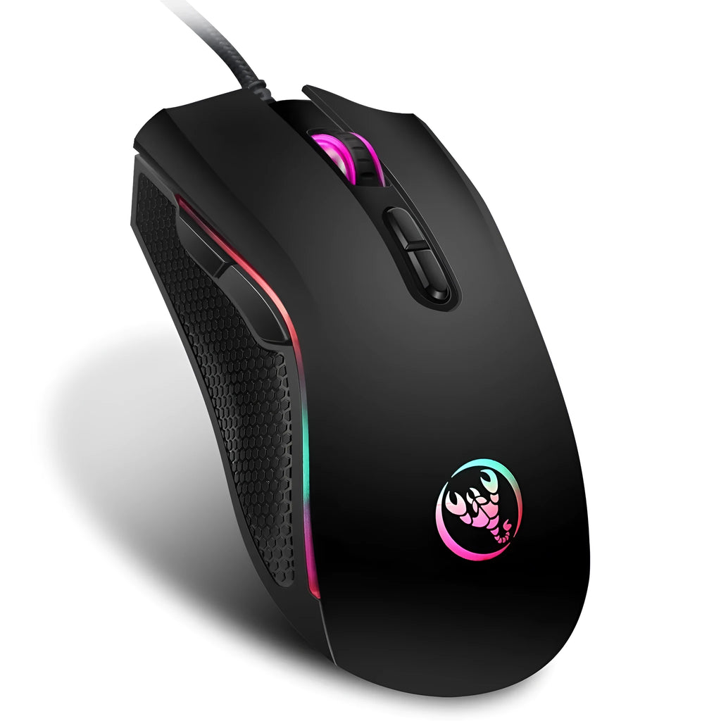 Black wired USB gaming mouse with 3200 DPI optical sensor, seven buttons, four-way scroll wheel and 1.5 metre cable for desktop computers.