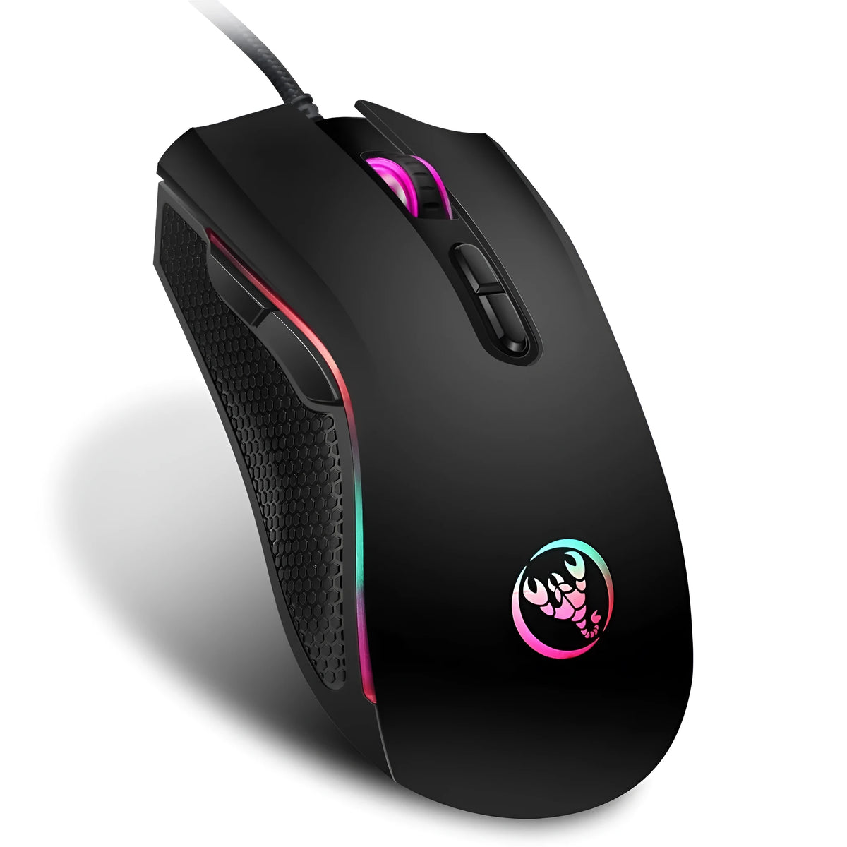 Black wired USB gaming mouse with 3200 DPI optical sensor, seven buttons, four-way scroll wheel and 1.5 metre cable for desktop computers.