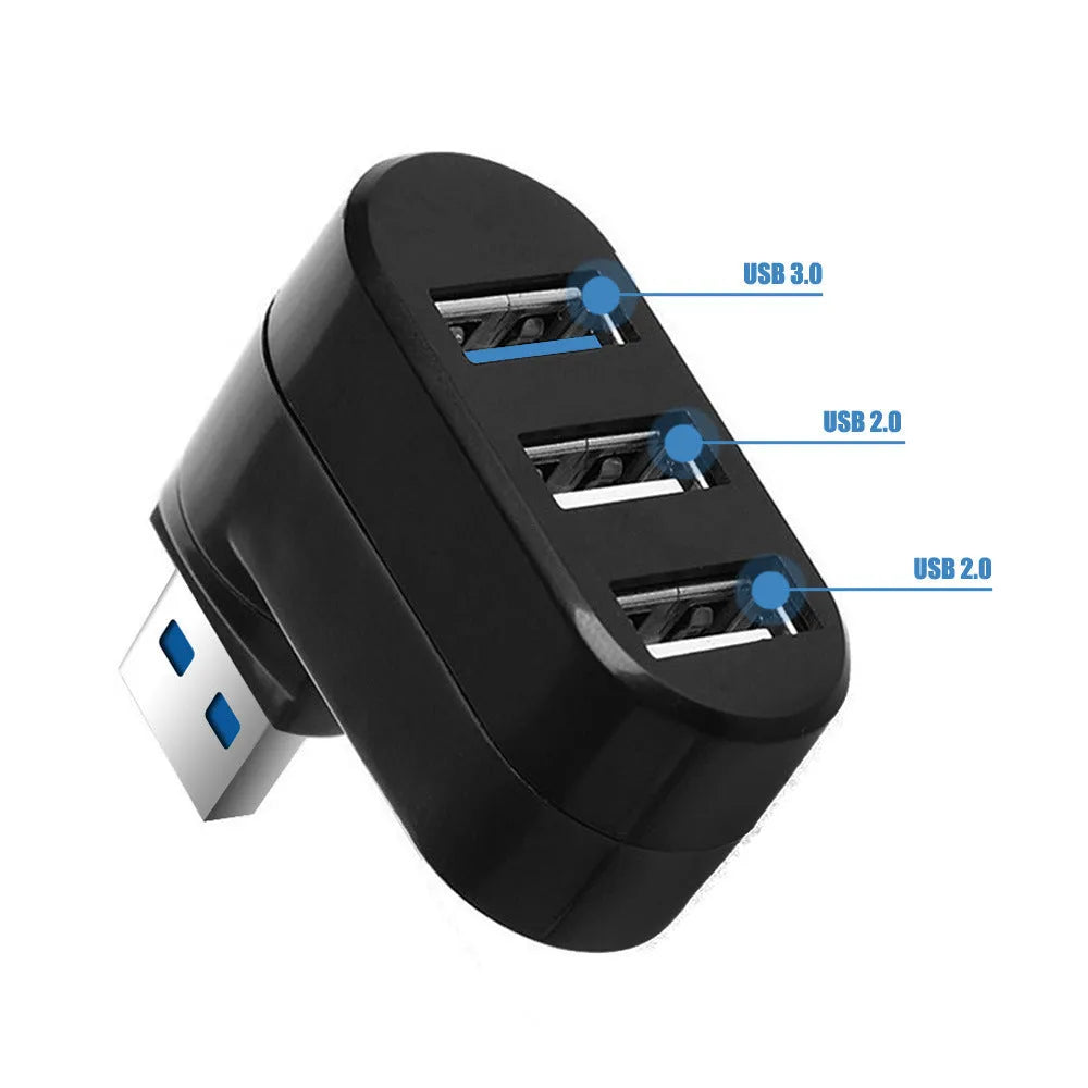 Black and white USB rotary splitter hub with four USB 3.0 ports on a rotating ABS plastic body