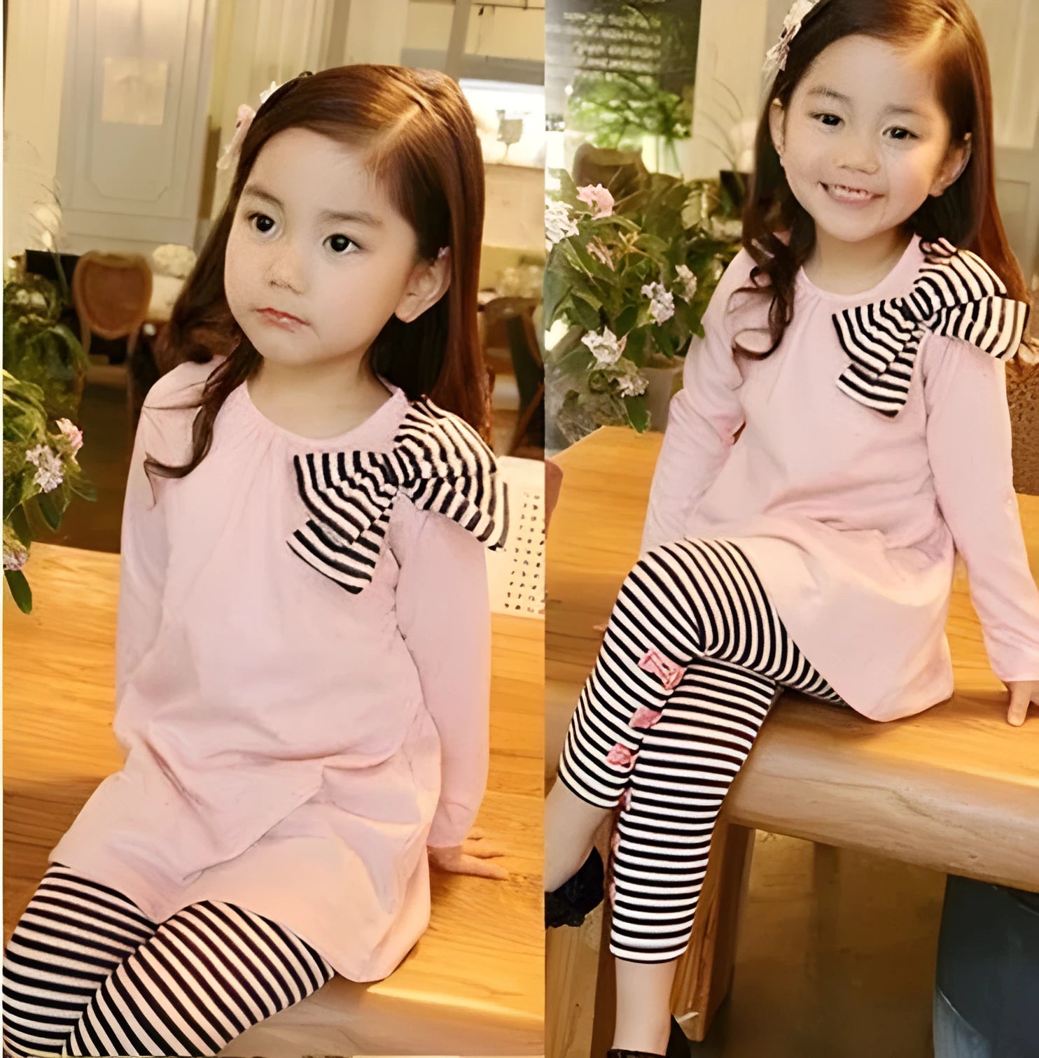 Pink cotton girls' clothing sets displayed in sizes 110cm, 120cm, 130cm and 140cm
