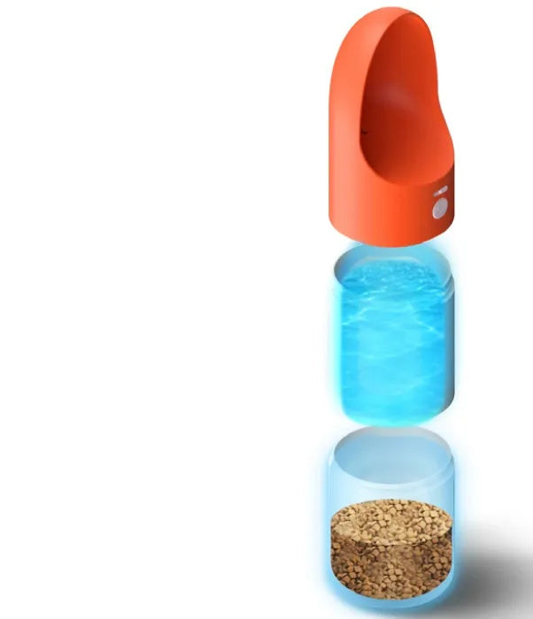 White and grey Moestar Rocket portable pet drinking cup with a one-button lock.