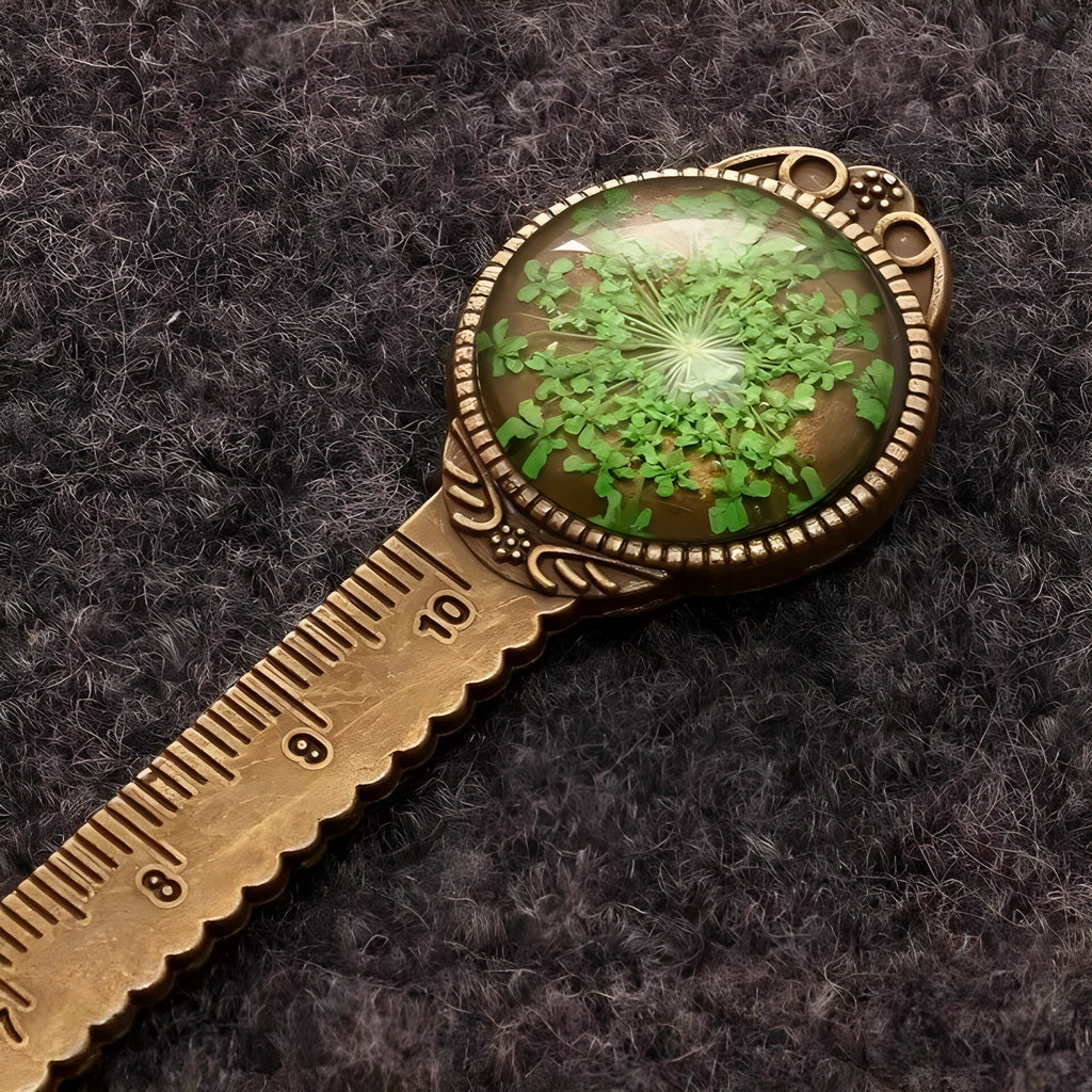Handmade dry flower gypsophila ruler bookmark with lace flowers, daffodils and clover on 12 cm scale