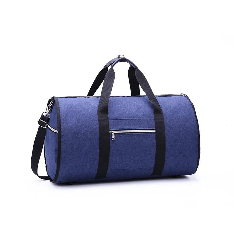Medium-sized cylindrical travel bag in black Oxford cloth with a zipper and carrying handles.