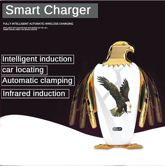 Car phone holder with wireless charging base and black and gold snap-on vent mount.