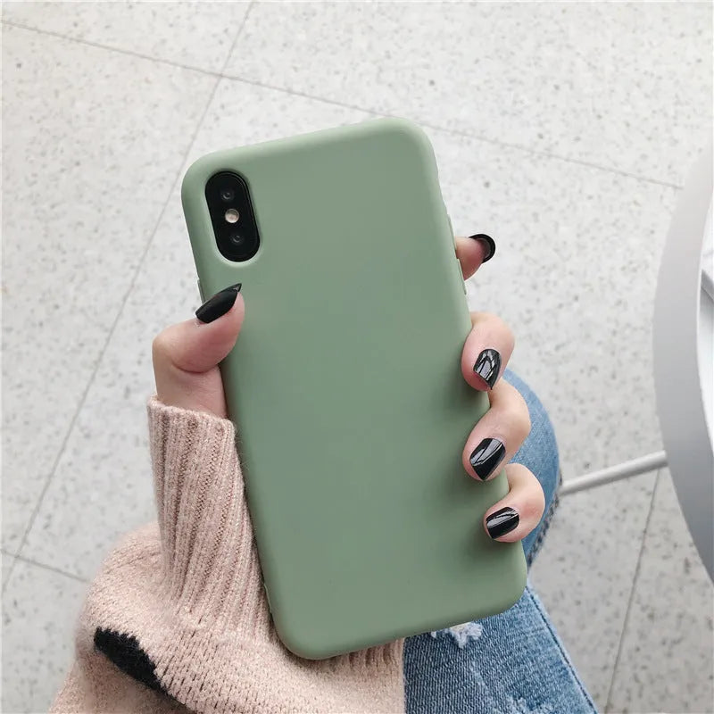 Silicone phone case for iPhone in colours wine red, light blue, grey, dark green, begonia, rose gold, bean green, and black.