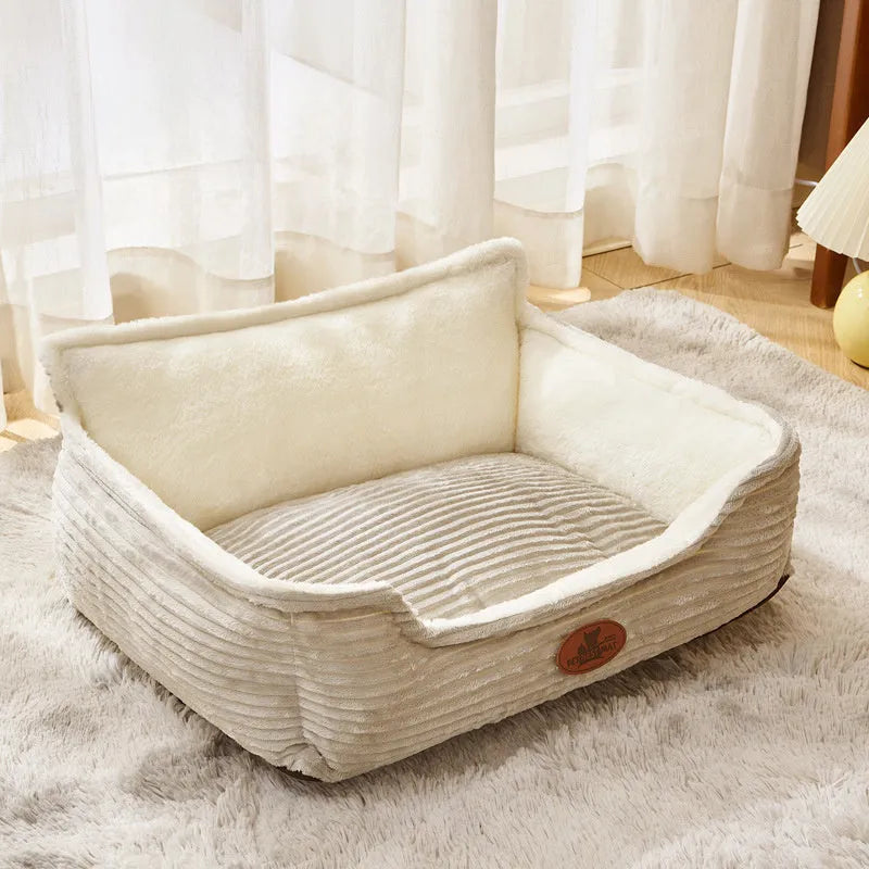 Coffee coloured removable cover dog and cat bed cushion showing raised edge, with S size 45x50cm dimensions