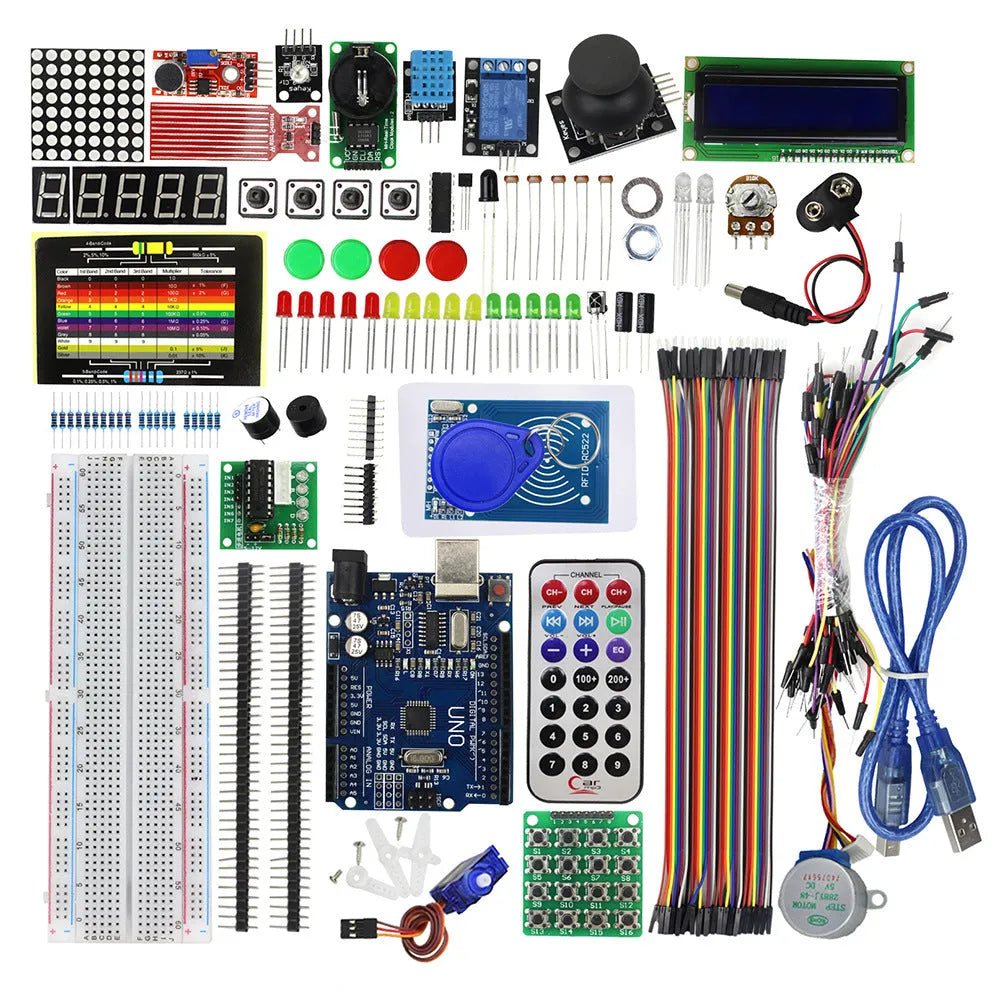 RFID upgraded Arduino starter kit with UNO R3 board, stepper motor, servo, RFID module, LCD and sensor modules