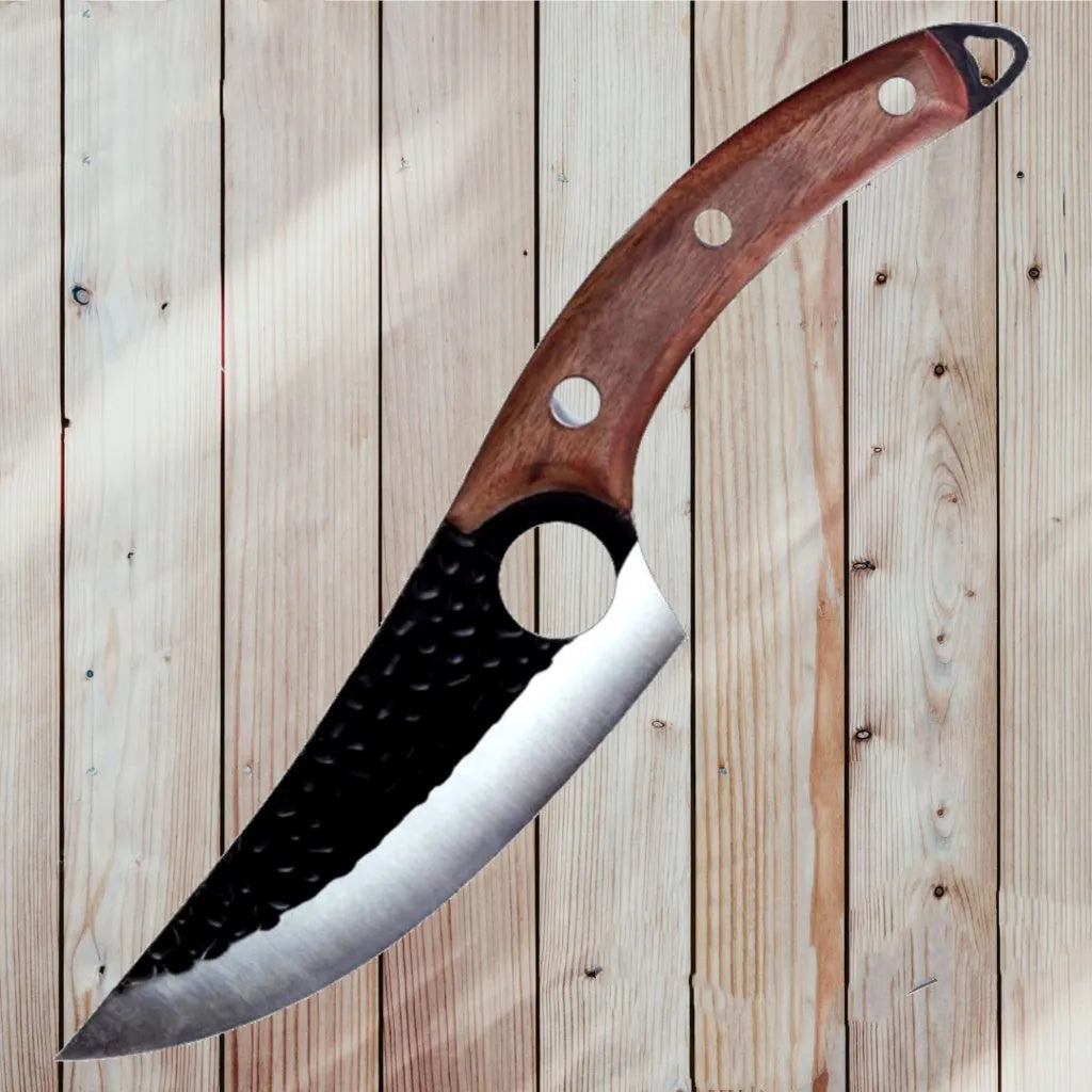 Scimitar-style butcher knife with hammer pattern blade and brown leather sheath.