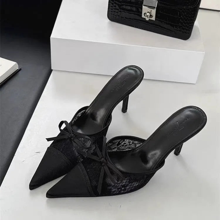 Women's lace pointed toe high heels with decorative bowknot in light brown colour