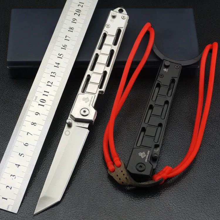 Folding slingshot knife with 8.5cm stainless steel blade and 120mm handle in natural steel finish