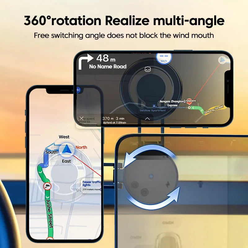 Telescopic folding magnetic car phone holder mounted on dashboard in black finish with phone attached