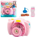 Yellow camera-shaped automatic bubble blowing toy for children on a green background.