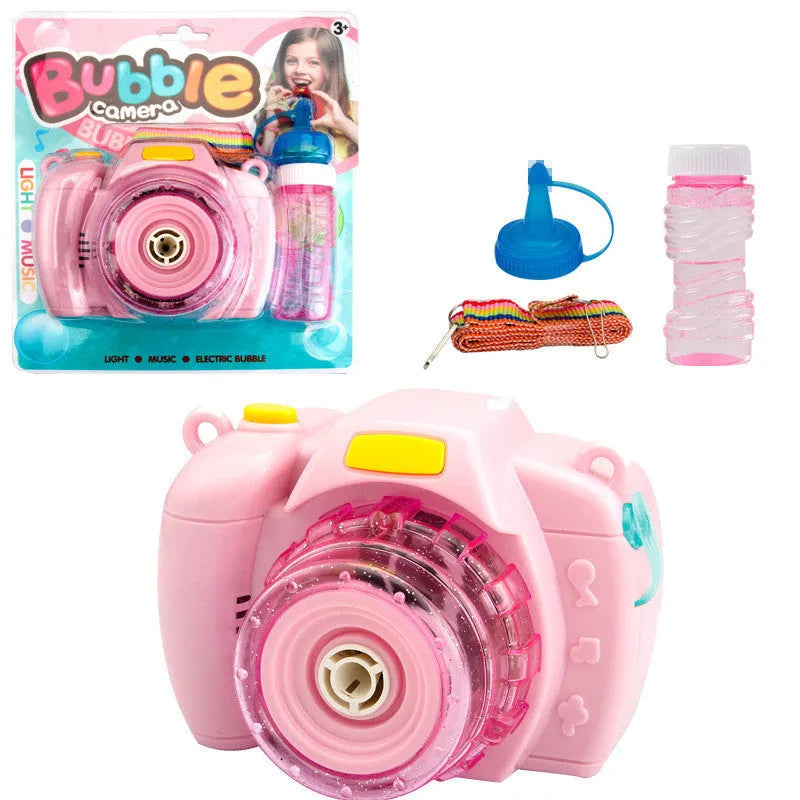 Yellow camera-shaped automatic bubble blowing toy for children on a green background.
