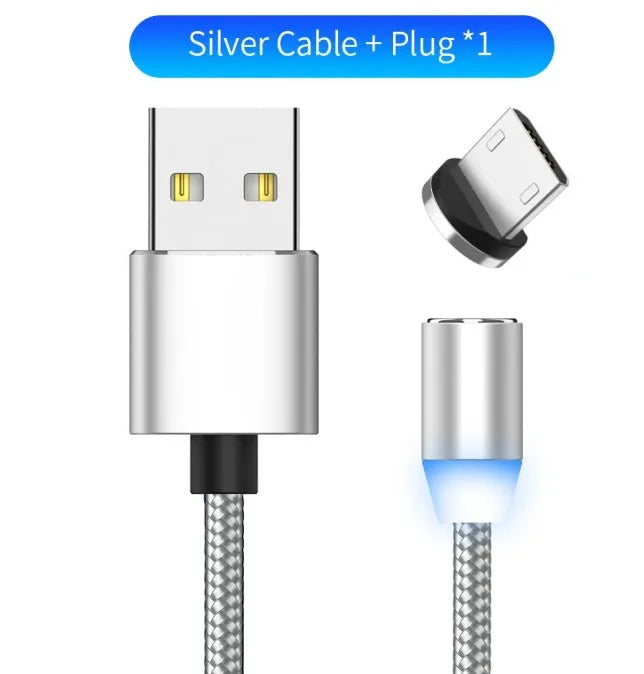 1 metre magnetic LED charging cable with cotton woven cord and three-in-one connector in aluminium shell