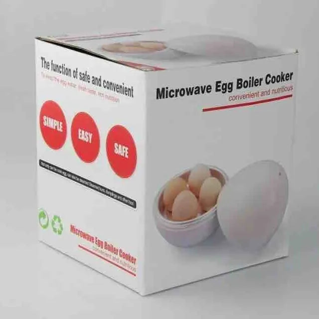 White plastic microwave egg cooker with aluminium inner layer for 1-4 eggs.