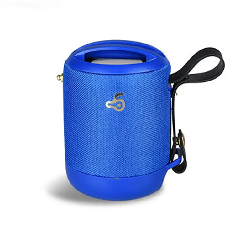Compact portable Bluetooth speaker with carrying strap in multiple colour options.