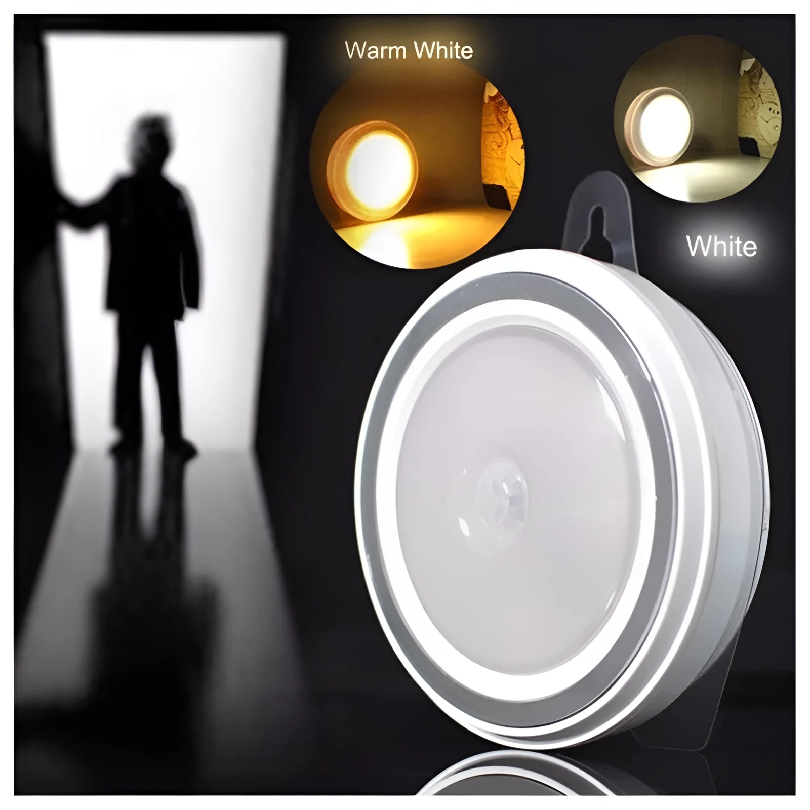 Compact round white motion sensor LED light unit for cupboards and hallways.