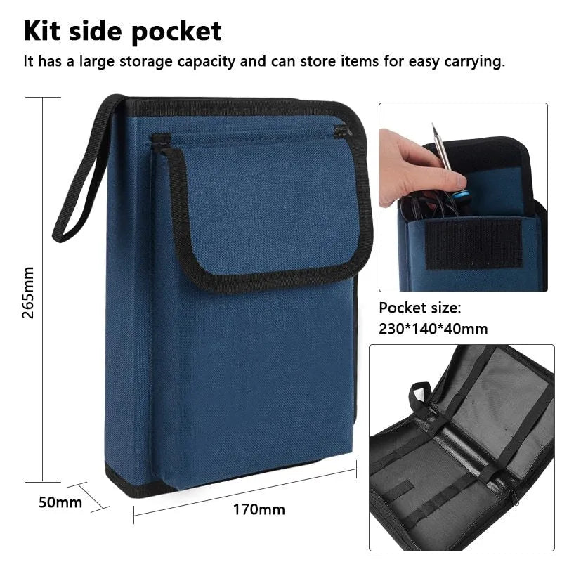 60-in-1 electronics repair toolkit with soldering iron, screwdriver bits, pry bars, and anti-static bracelet in backpack