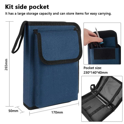 60-in-1 electronics repair toolkit with soldering iron, screwdriver bits, pry bars, and anti-static bracelet in backpack