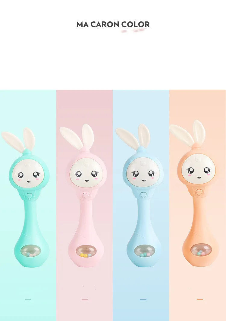 Baby musical rattle stick chewable teether toy in light blue, mint green, orange, or pink.