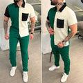 Men's short-sleeved shirt and trousers colour matching casual sports suit in cotton blend polyester, multiple colours
