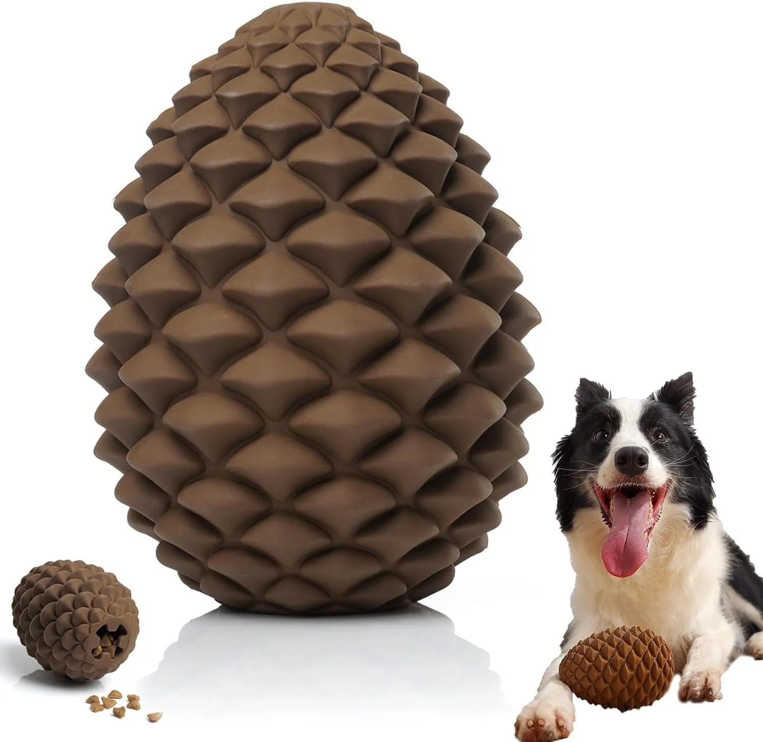 Yellow pine cone-shaped natural rubber dog chew toy with treat dispenser on a white background.