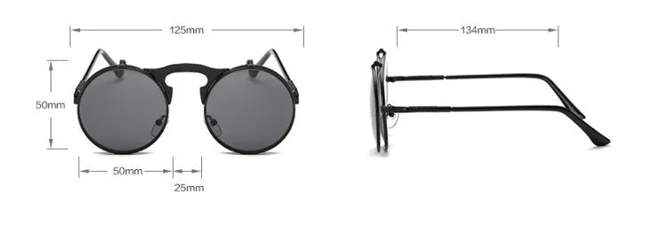 Vintage round steampunk flip-up sunglasses with metal frame, available in multiple colours