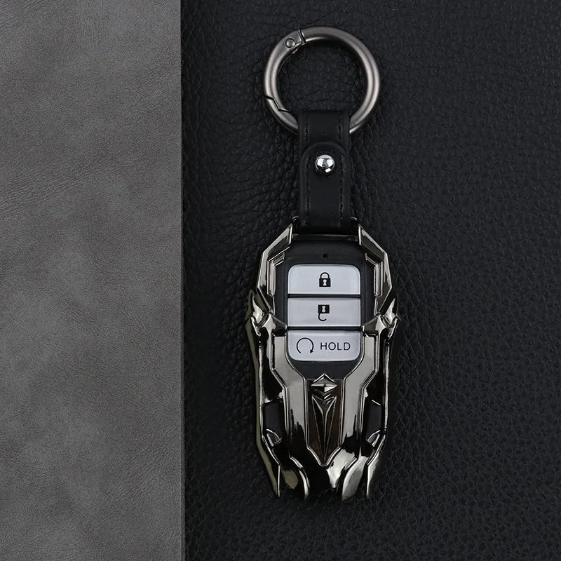 Black zinc alloy car key cover with highlight polish finish protecting a key fob