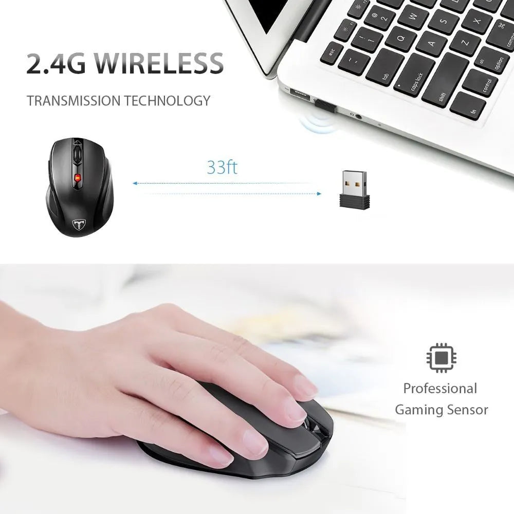 Black wired gaming mouse with six buttons, 130x85x45mm, USB cable, on desk