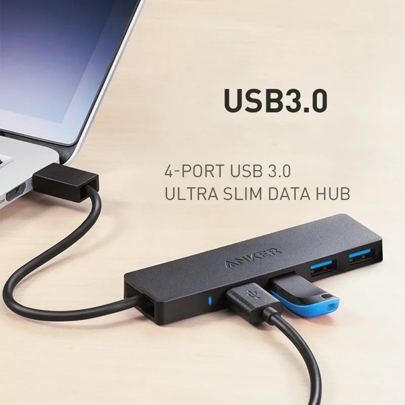 Black Anker USB 3.0 hub with four ports and 200mm cable, dimensions 30x107mm