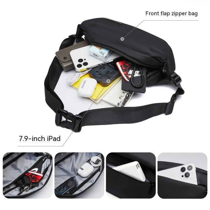 Black men's Oxford cloth crossbody messenger bag with a one-shoulder strap.