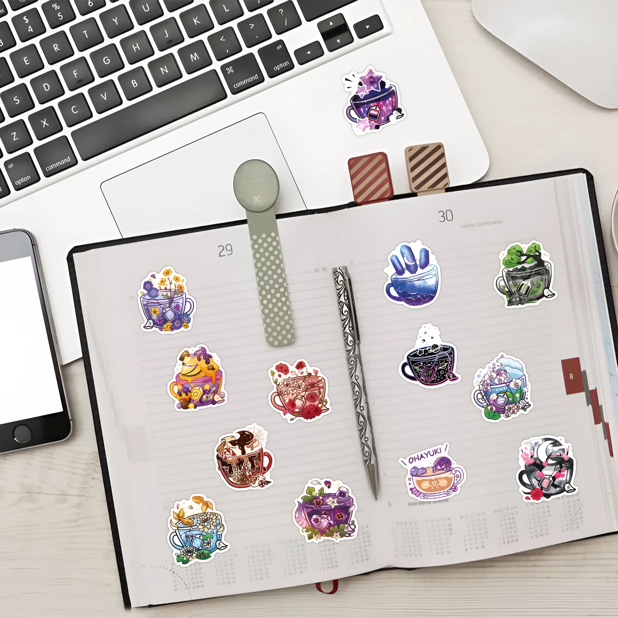 Pack of 50 colourful tea cup graffiti design vinyl stickers for scooters and luggage.