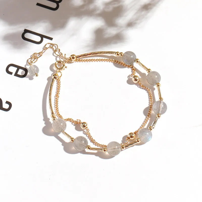 Korean style double-layer crystal bracelet with electroplated moonlight copper finish
