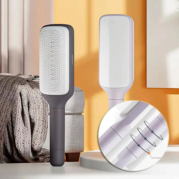 Self-cleaning hair brush with anti-static massage comb in purple colour