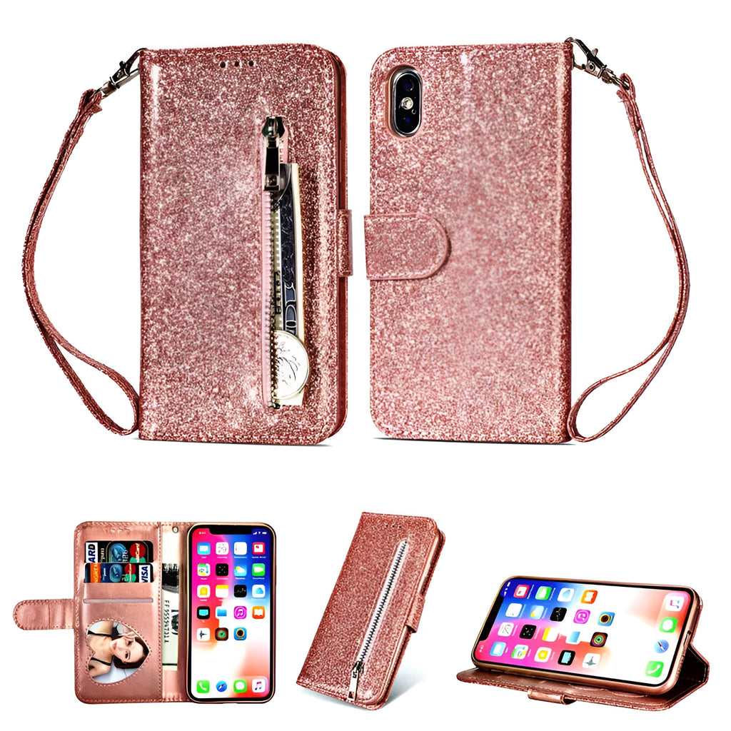 Black PU leather zipper wallet case for iPhone, shown closed and displaying card slots inside.