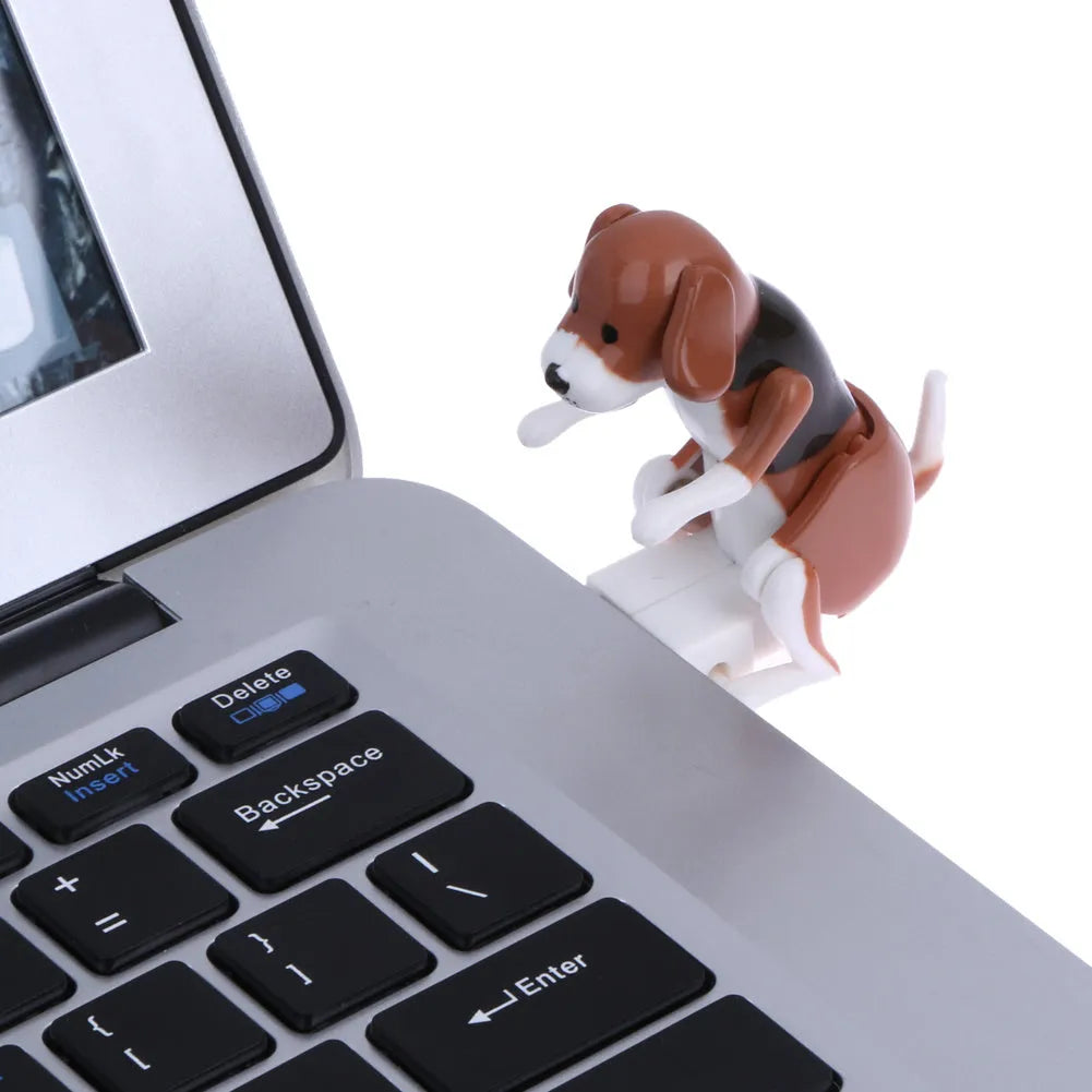 Brown USB-powered dog desktop toy, 60x30x60 mm, with USB connector, front view on white background