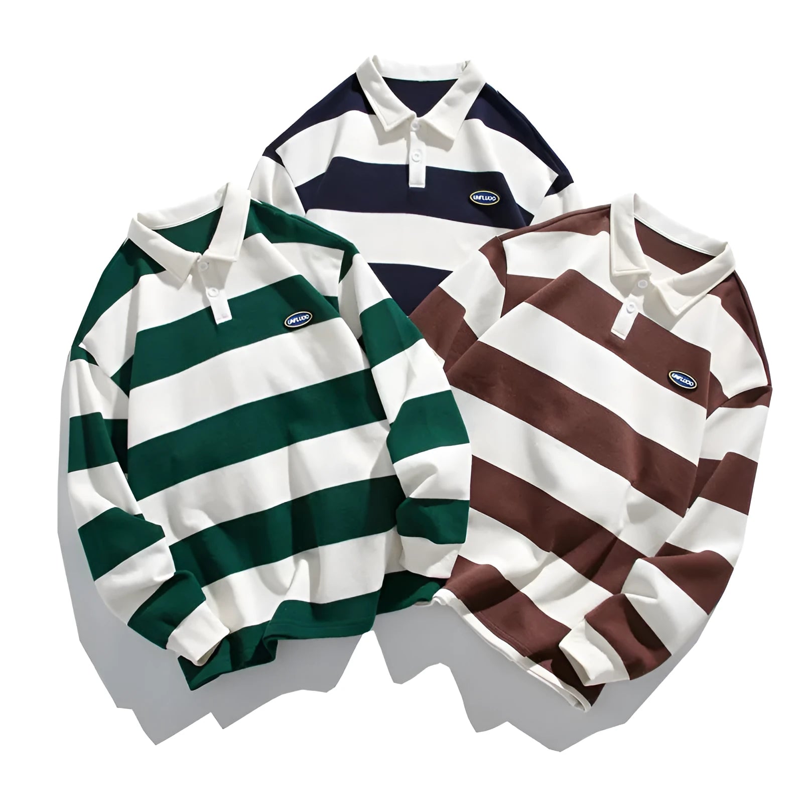 Loose-fit long-sleeve polo shirt with lapel collar and Hong Kong style stripes in pearl cotton.