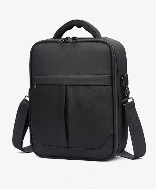 Black Oxford fabric men's messenger bag showing shoulder strap and 24x11x31cm dimensions