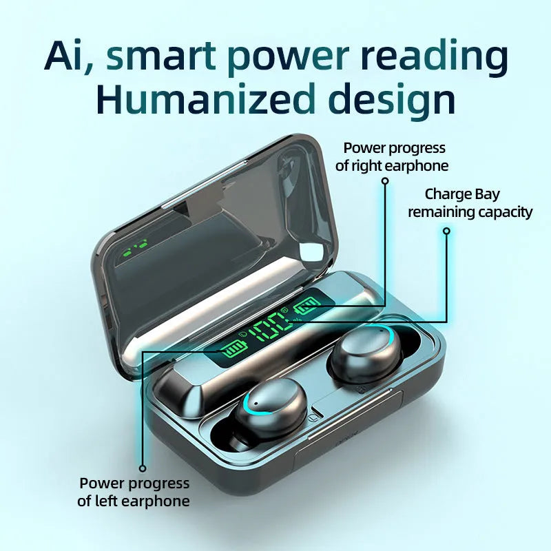 Black in-ear wireless Bluetooth earbuds in a charging case with LED battery display