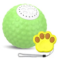 Blue remote control cat toy ball with flashing LEDs next to its handheld remote controller.